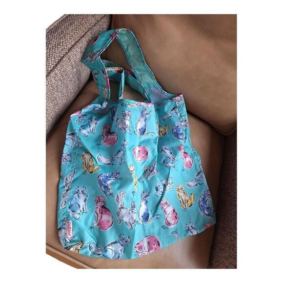 Whimsical Kitty Cats Tote Bag Cath Kidston Lightweight Foldable Aqua Blue NWOT - Picture 4 of 8